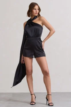 Ladies Day | Black Satin Scarf Detail Playsuit -Stylixon Sales Store WB CL128630002 LadiesDayBlackSatinScarfDetailPlaysuit1 scaled