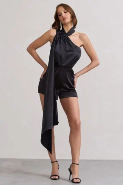 Ladies Day | Black Satin Scarf Detail Playsuit -Stylixon Sales Store WB CL128630002 LadiesDayBlackSatinScarfDetailPlaysuit3 scaled