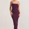 Ellis | Plum Ruched Mesh Strappy Bodycon Maxi Dress
