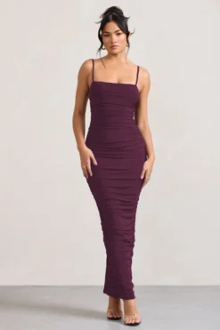 Ellis | Plum Ruched Mesh Strappy Bodycon Maxi Dress
