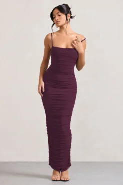 Ellis | Plum Ruched Mesh Strappy Bodycon Maxi Dress -Stylixon Sales Store WB CL128707002 EllisPlumRuchedMeshStrappyBodyconMaxiDress2 scaled