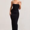 Ellis | Black Ruched Mesh Strappy Bodycon Maxi Dress