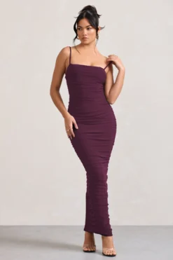 Ellis | Plum Ruched Mesh Strappy Bodycon Maxi Dress -Stylixon Sales Store WB CL128707002 EllisPlumRuchedMeshStrappyBodyconMaxiDress3 scaled