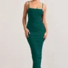 Ellis | Bottle Green Ruched Mesh Strappy Bodycon Maxi Dress
