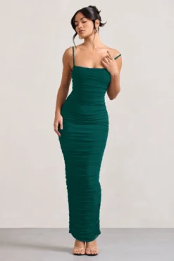Ellis | Bottle Green Ruched Mesh Strappy Bodycon Maxi Dress -Stylixon Sales Store WB CL128707047 EllisBottleGreenRuchedMeshStrappyBodyconMaxiDress2 scaled