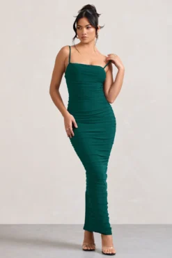 Ellis | Bottle Green Ruched Mesh Strappy Bodycon Maxi Dress -Stylixon Sales Store WB CL128707047 EllisBottleGreenRuchedMeshStrappyBodyconMaxiDress3 scaled