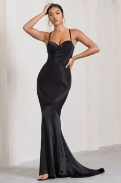 Custom | Black Satin Sweetheart Corset Fishtail Maxi Dress