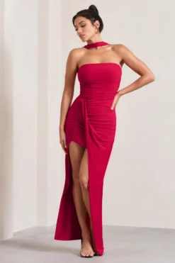 Paprika | Red Ruched Halter-Neck Bandeau Maxi Dress -Stylixon Sales Store WB CL128736004 PaprikaRedRuchedHalter NeckBandeauMaxiDress3 c1008056 3ff8 4760 949e 0e2f5813e9b4 scaled