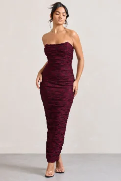 Paparazzi | Burgundy Ruched Lace Strapless Bandeau Maxi Dress -Stylixon Sales Store WB CL128737069 PaparazziBurgundyRuchedLaceStraplessBandeauMaxiDress0 scaled