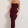 Paparazzi | Burgundy Ruched Lace Strapless Bandeau Maxi Dress
