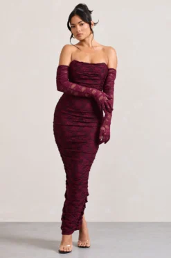 Paparazzi | Burgundy Ruched Lace Strapless Bandeau Maxi Dress -Stylixon Sales Store WB CL128737069 PaparazziBurgundyRuchedLaceStraplessBandeauMaxiDress CL128738069 PregoBurgundyLaceLongRuchedGloves2 scaled