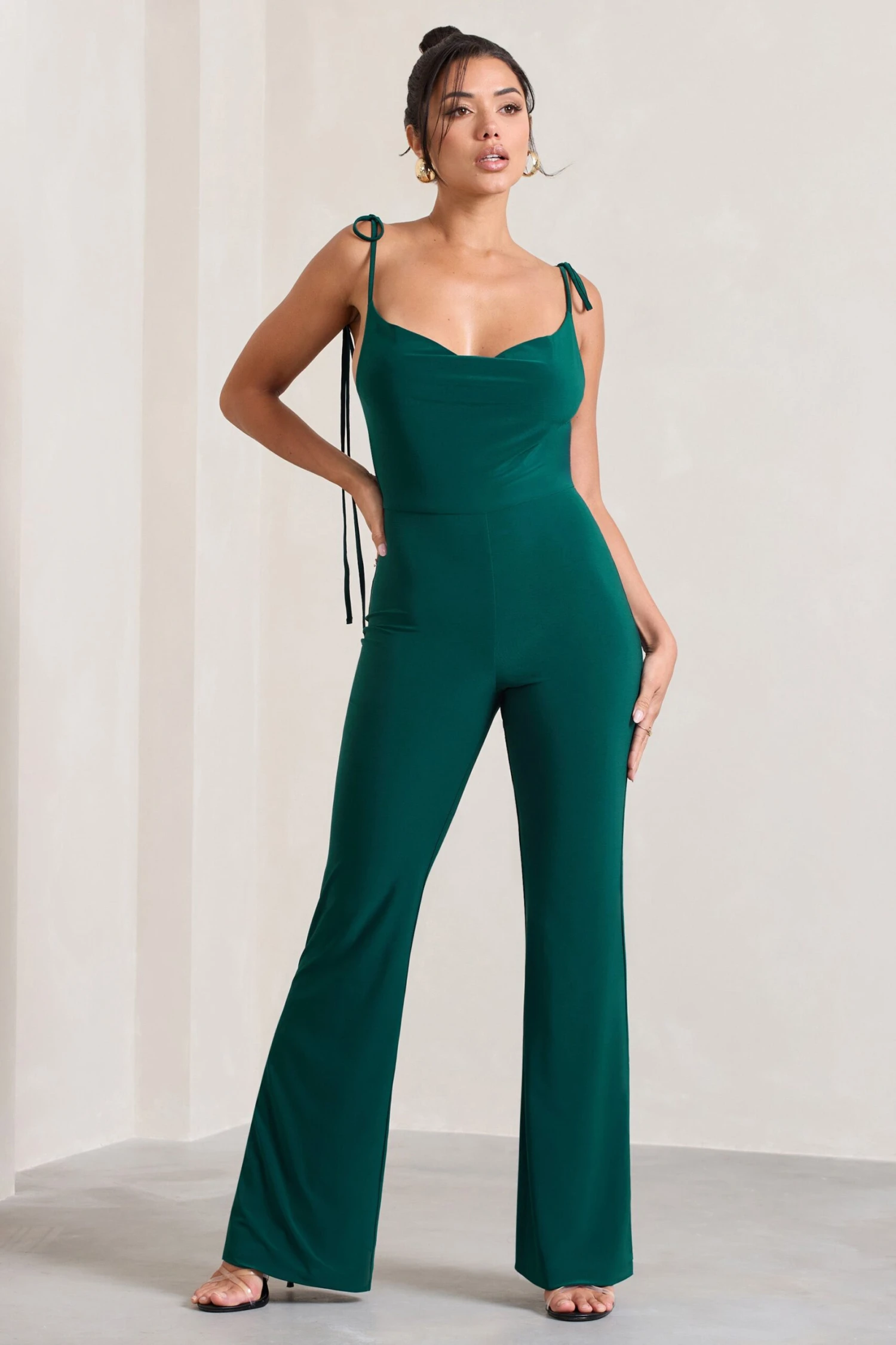 Pose | Bottle Green Cowl-Neck Strappy Flared-Leg Jumpsuit 1 Pose | Bottle Green Cowl-Neck Strappy Flared-Leg Jumpsuit