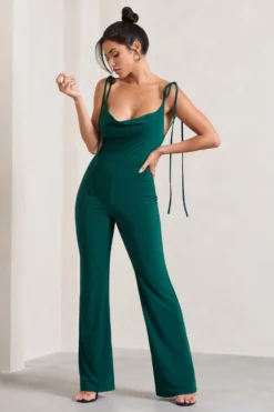 Pose | Bottle Green Cowl-Neck Strappy Flared-Leg Jumpsuit 9 Pose | Bottle Green Cowl-Neck Strappy Flared-Leg Jumpsuit -Stylixon Sales Store WB CL128744047 PoseBottleGreenCowl NeckStrappyFlared LegJumpsuit3 scaled