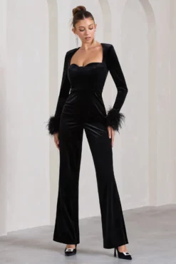 Trailblazer | Black Velvet Long-Sleeved Jumpsuit With Feather Cuffs -Stylixon Sales Store WB CL128811002 TrailblazerBlackVelvetLong SleevedJumpsuitWithFeatherCuffs1 scaled