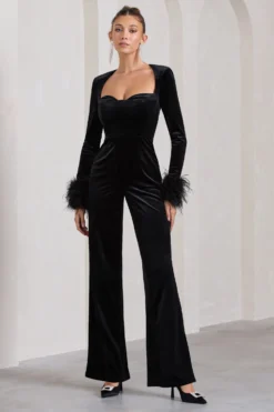 Trailblazer | Black Velvet Long-Sleeved Jumpsuit With Feather Cuffs -Stylixon Sales Store WB CL128811002 TrailblazerBlackVelvetLong SleevedJumpsuitWithFeatherCuffs2 scaled
