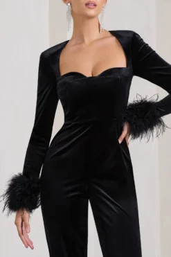 Trailblazer | Black Velvet Long-Sleeved Jumpsuit With Feather Cuffs -Stylixon Sales Store WB CL128811002 TrailblazerBlackVelvetLong SleevedJumpsuitWithFeatherCuffs3 scaled