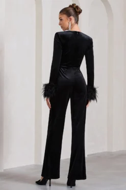 Trailblazer | Black Velvet Long-Sleeved Jumpsuit With Feather Cuffs -Stylixon Sales Store WB CL128811002 TrailblazerBlackVelvetLong SleevedJumpsuitWithFeatherCuffs4 scaled