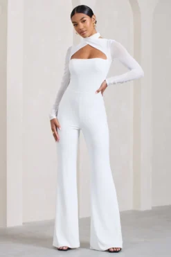 Fallon | White Flared-Leg Jumpsuit With Long Mesh Sleeves -Stylixon Sales Store WB CL128826005 Fallon WhiteFlared LegJumpsuitWithLongMeshSleeves0 scaled