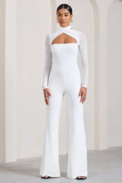 Fallon | White Flared-Leg Jumpsuit With Long Mesh Sleeves -Stylixon Sales Store WB CL128826005 Fallon WhiteFlared LegJumpsuitWithLongMeshSleeves2 scaled