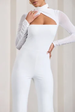 Fallon | White Flared-Leg Jumpsuit With Long Mesh Sleeves -Stylixon Sales Store WB CL128826005 Fallon WhiteFlared LegJumpsuitWithLongMeshSleeves5 scaled