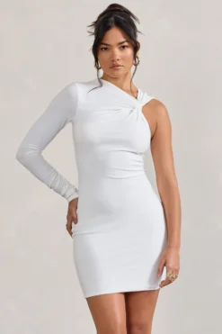 Fusion | White Asymmetric Twisted Bodycon Mini Dress -Stylixon Sales Store WB CL128830005 Fusion WhiteAsymmetricTwistedBodyconMiniDress0 scaled