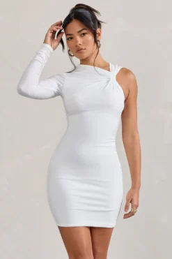 Fusion | White Asymmetric Twisted Bodycon Mini Dress -Stylixon Sales Store WB CL128830005 Fusion WhiteAsymmetricTwistedBodyconMiniDress2 scaled