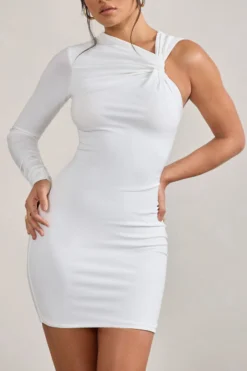 Fusion | White Asymmetric Twisted Bodycon Mini Dress -Stylixon Sales Store WB CL128830005 Fusion WhiteAsymmetricTwistedBodyconMiniDress4 scaled