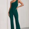 In The Dark | Bottle Green Sleeveless Asymmetric Flared-Leg Jumpsuit