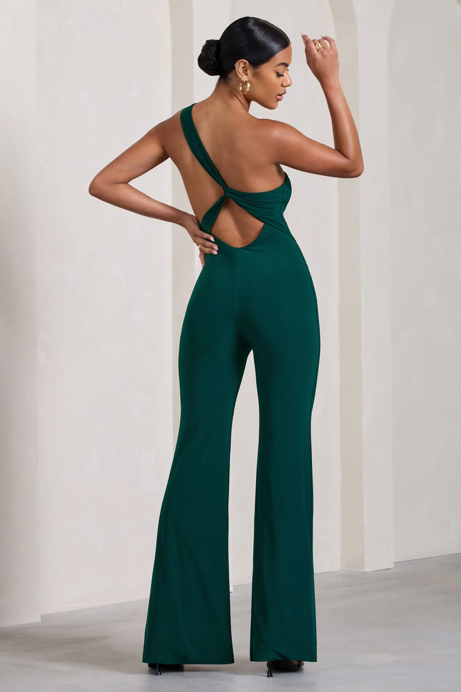 In The Dark | Bottle Green Sleeveless Asymmetric Flared-Leg Jumpsuit 2 In The Dark | Bottle Green Sleeveless Asymmetric Flared-Leg Jumpsuit - Image 2