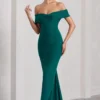 Vivienne | Bottle Green Bardot Open-Back Maxi Dress