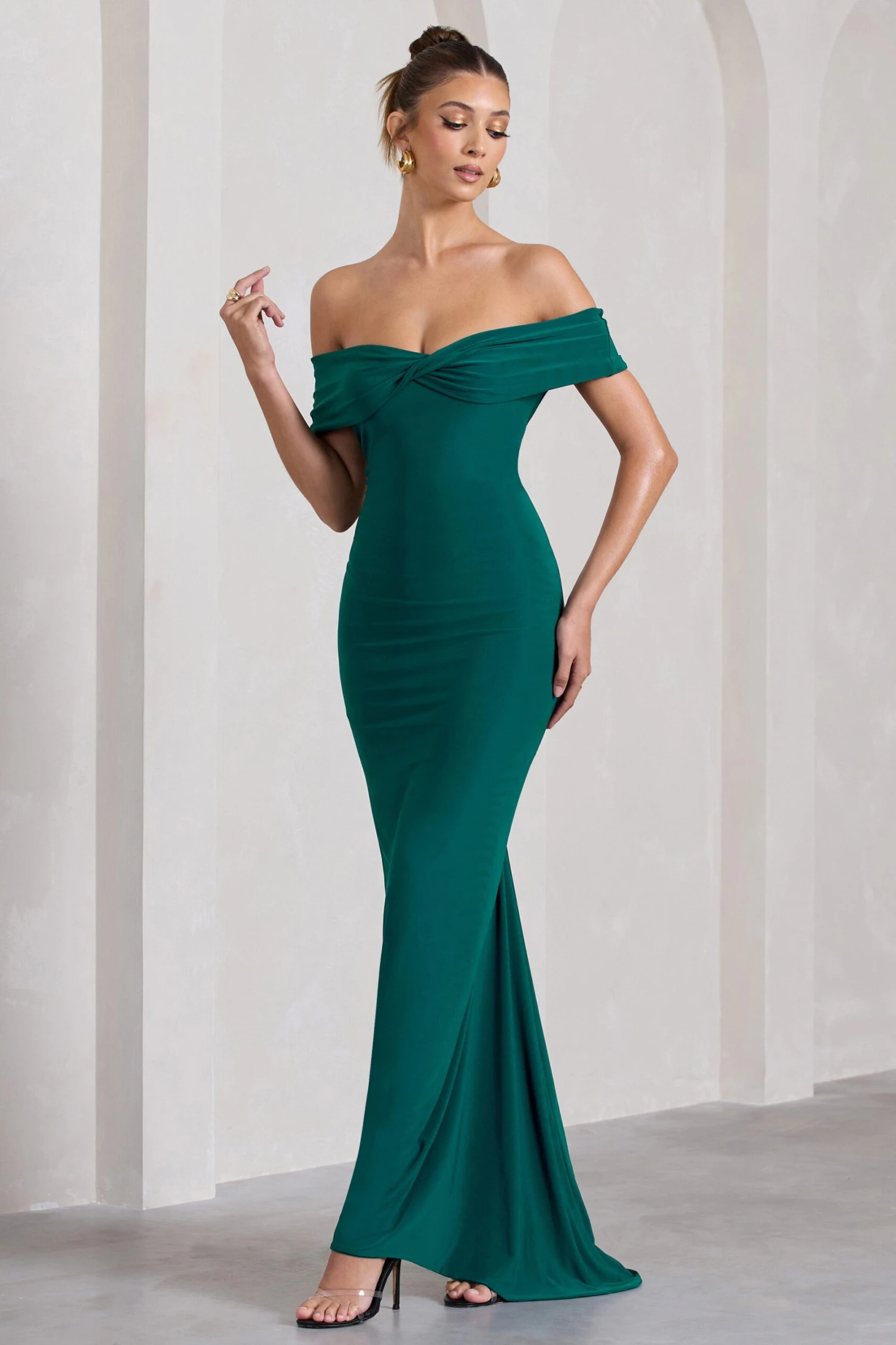 Vivienne | Bottle Green Bardot Open-Back Maxi Dress 1 Vivienne | Bottle Green Bardot Open-Back Maxi Dress
