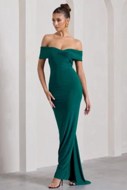 Vivienne | Bottle Green Bardot Open-Back Maxi Dress 9 Vivienne | Bottle Green Bardot Open-Back Maxi Dress -Stylixon Sales Store WB CL128862047 VivienneBottleGreenBardotOpen BackMaxiDress2 scaled