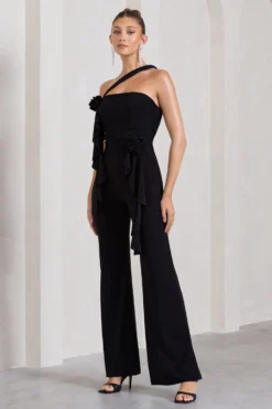 Tia | Black Asymmetric Sleeveless Flared-Leg Jumpsuit With Flowers -Stylixon Sales Store WB CL128868002 TiaBlackAsymmetricSleevelessFlared LegJumpsuitWithFlowers1 scaled