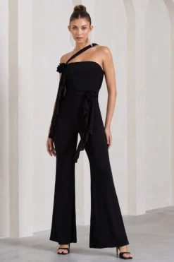 Tia | Black Asymmetric Sleeveless Flared-Leg Jumpsuit With Flowers -Stylixon Sales Store WB CL128868002 TiaBlackAsymmetricSleevelessFlared LegJumpsuitWithFlowers3 scaled