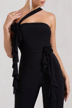 Tia | Black Asymmetric Sleeveless Flared-Leg Jumpsuit With Flowers -Stylixon Sales Store WB CL128868002 TiaBlackAsymmetricSleevelessFlared LegJumpsuitWithFlowers5 scaled