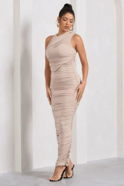 Born With It | Champagne Sleeveless High-Neck Draped Maxi Dress With Mesh Inserts -Stylixon Sales Store WB CL128873059 BornWithItChampagneSleevelessHigh NeckDrapedMaxiDressWithMeshInserts3 0319f962 c699 467d 95f2 aa7f61f4787c scaled