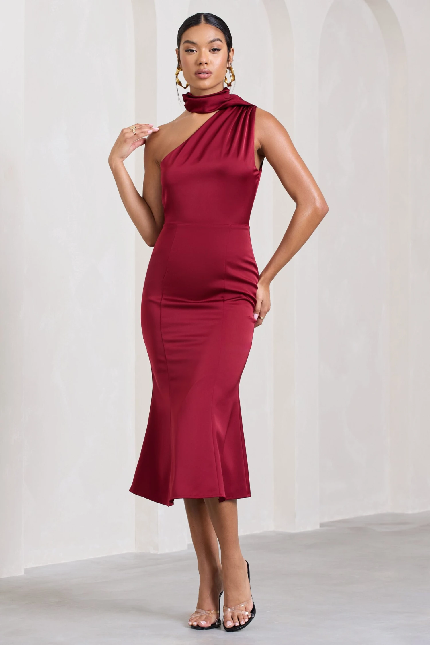 Golden Girl | Burgundy Satin Asymmetric High-Neck Flared Midi Dress 4 Golden Girl | Burgundy Satin Asymmetric High-Neck Flared Midi Dress - Image 4