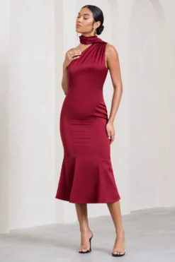 Golden Girl | Burgundy Satin Asymmetric High-Neck Flared Midi Dress 9 Golden Girl | Burgundy Satin Asymmetric High-Neck Flared Midi Dress -Stylixon Sales Store WB CL128878069 GoldenGirlBurgundySatinAsymmetricHigh NeckFlaredMidiDress1 scaled