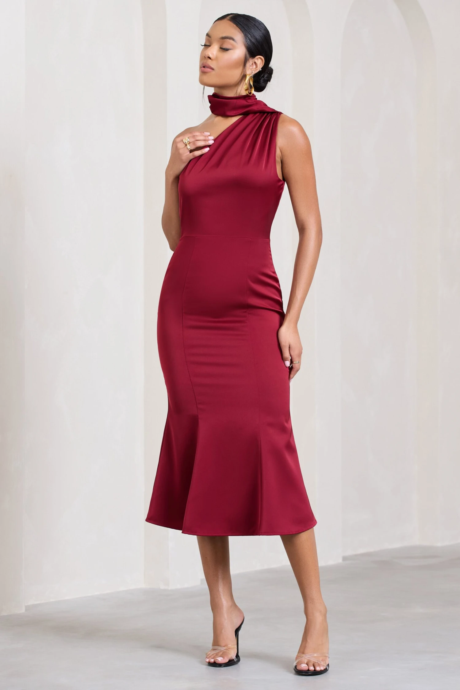 Golden Girl | Burgundy Satin Asymmetric High-Neck Flared Midi Dress 5 Golden Girl | Burgundy Satin Asymmetric High-Neck Flared Midi Dress - Image 5