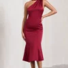 Golden Girl | Burgundy Satin Asymmetric High-Neck Flared Midi Dress