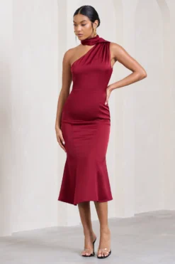 Golden Girl | Burgundy Satin Asymmetric High-Neck Flared Midi Dress