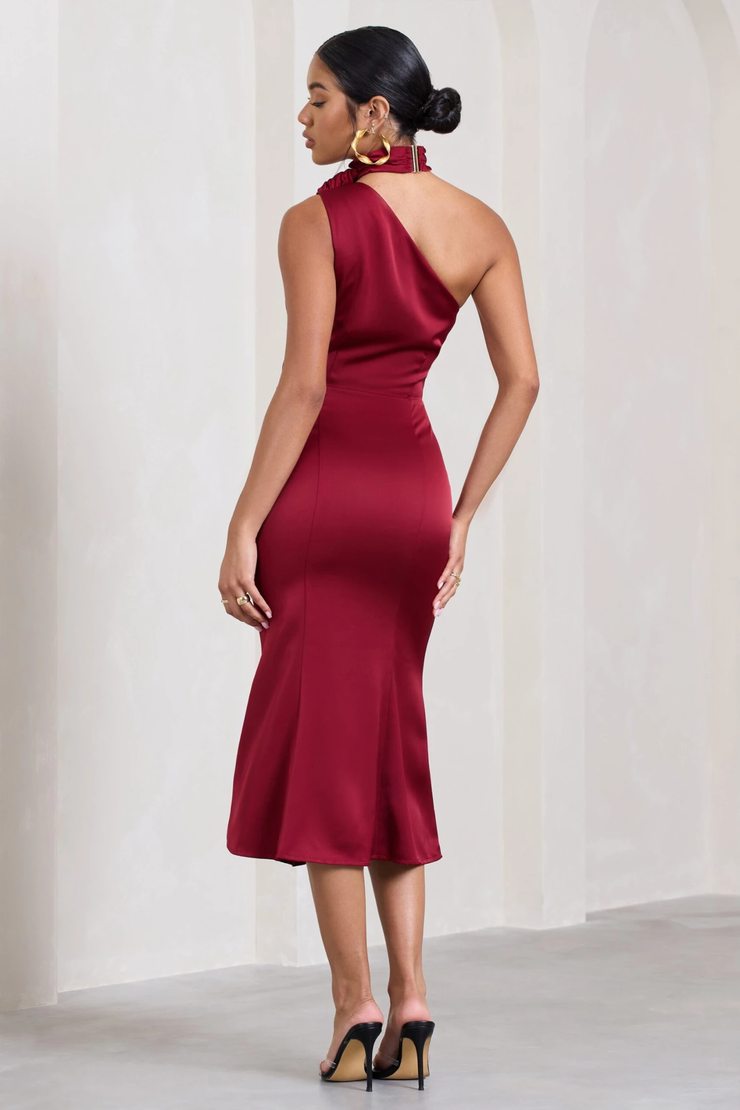 Golden Girl | Burgundy Satin Asymmetric High-Neck Flared Midi Dress 2 Golden Girl | Burgundy Satin Asymmetric High-Neck Flared Midi Dress - Image 2