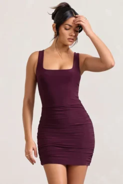 Porto | Burgundy Square-Neck Strappy Bodycon Mini Dress -Stylixon Sales Store WB CL128932069 PortoBurgundySquare NeckStrappyBodyconMiniDress1 scaled