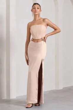 Champagne Showers | Nude Satin Strapless Split Maxi Dress