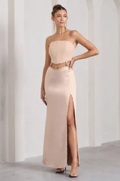 Champagne Showers | Nude Satin Strapless Split Maxi Dress -Stylixon Sales Store WB CL128940030 ChampagneShowersNudeSatinStraplessSplitMaxiDress1 scaled