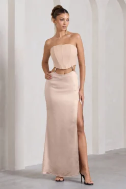 Champagne Showers | Nude Satin Strapless Split Maxi Dress -Stylixon Sales Store WB CL128940030 ChampagneShowersNudeSatinStraplessSplitMaxiDress4 scaled