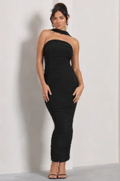 Entranced | Black Ruched Bandeau Maxi Dress With Halter Collar