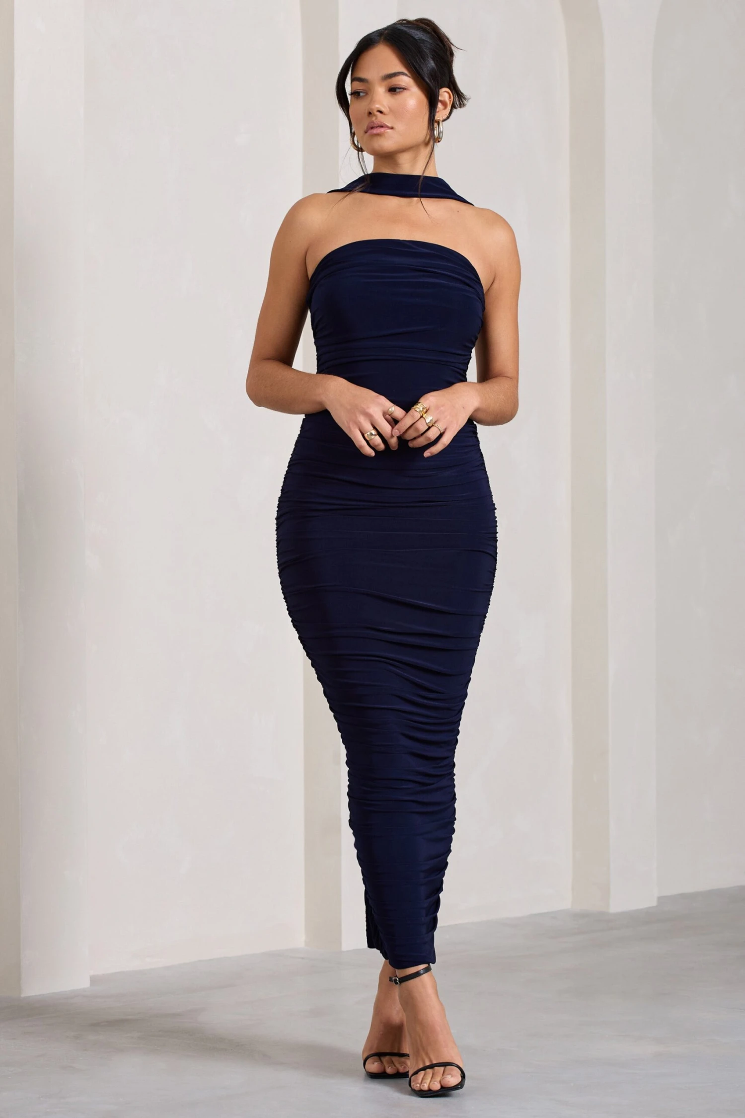 Entranced | Navy Ruched Bandeau Maxi Dress With Halter Collar 1 Entranced | Navy Ruched Bandeau Maxi Dress With Halter Collar