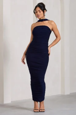 Entranced | Navy Ruched Bandeau Maxi Dress With Halter Collar 11 Entranced | Navy Ruched Bandeau Maxi Dress With Halter Collar -Stylixon Sales Store WB CL128983015 Entranced NavyRuchedBandeauMidiDressWithHalterCollar2 scaled