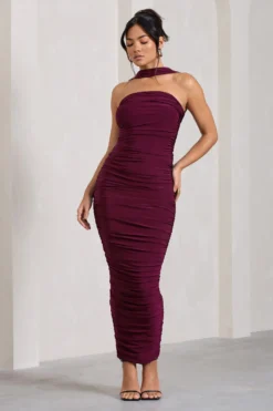 Entranced | Burgundy Ruched Bandeau Maxi Dress With Halter Collar -Stylixon Sales Store WB CL128983069 Entranced BurgundyRuchedBandeauMidiDressWithHalterCollar2 scaled